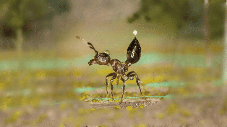 Close-up macro view of an acrobat ant showing its heart-shaped abdomen raised in a defensive posture.