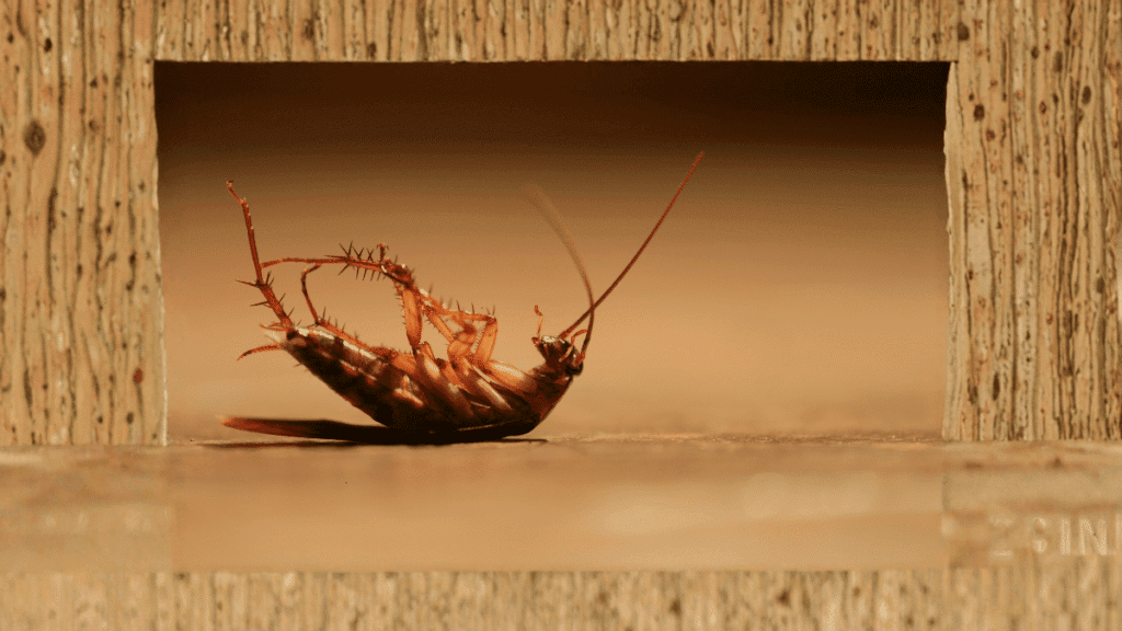 An American cockroach lying dead on its back in a wooden recessed area, illustrating the result of pest control efforts.