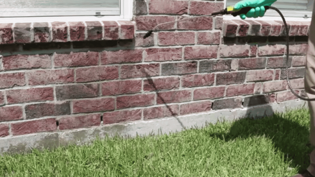 A technician applying a liquid perimeter spray treatment to the brick foundation of a home to stop Argentine ants.