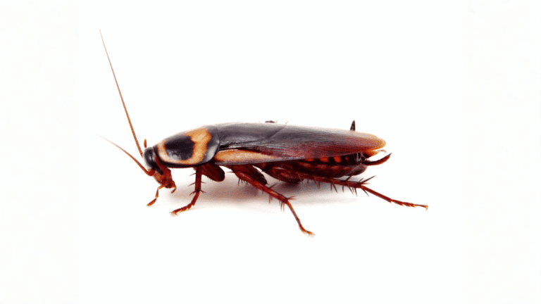 Side view of an Australian cockroach on a white background showing its reddish-brown body and long antennae.