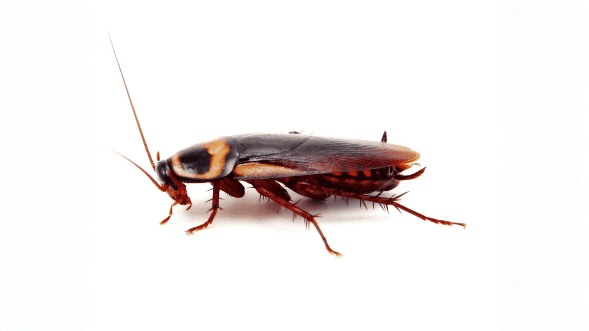 Side view of an Australian cockroach on a white background showing its reddish-brown body and long antennae.