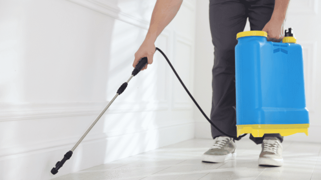 A homeowner using a pressurized sprayer to apply a crack and crevice treatment along a white baseboard for Brown-Banded cockroach control.