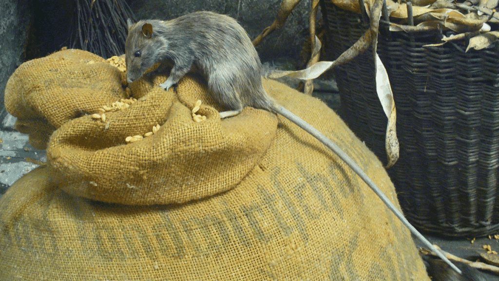 A roof rat feeding on a burlap sack showing a tail significantly longer than its body length.