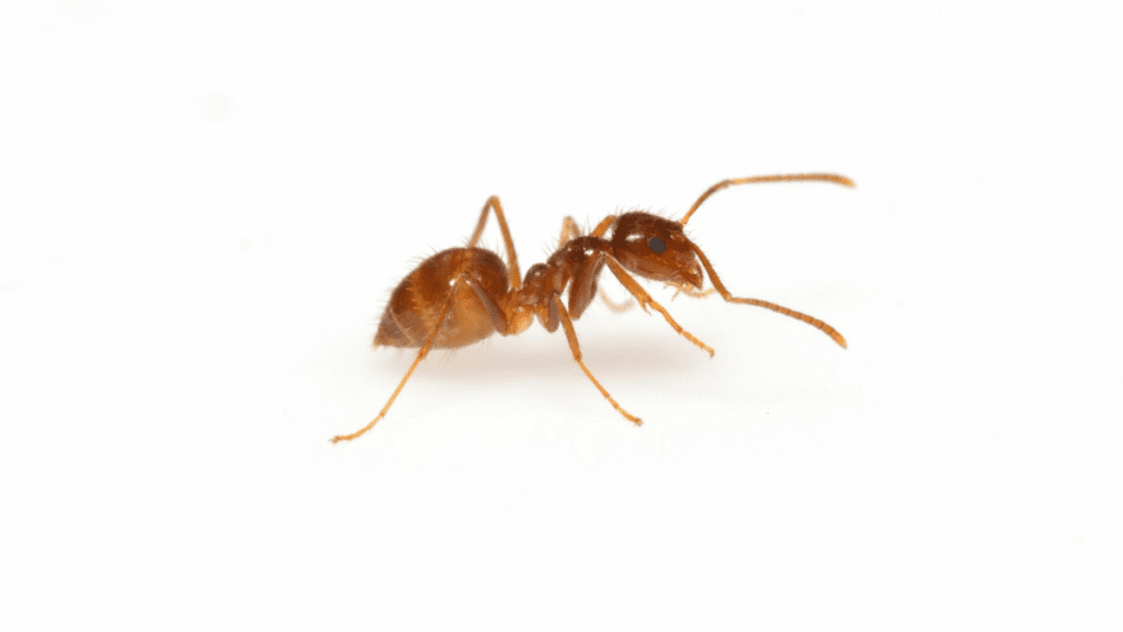 A macro side view of a reddish-brown Tawny Crazy ant, showing its long legs and antennae on a white background.