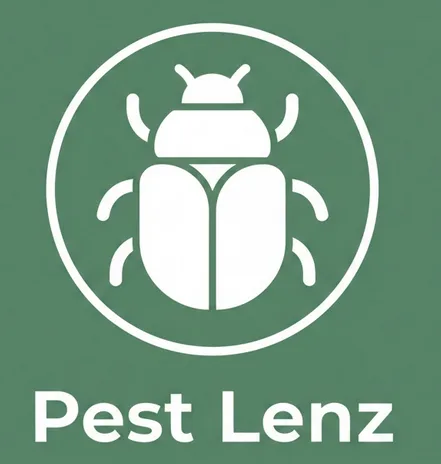 Minimal white beetle logo inside a circle with “Pest Lenz” text on forest green background