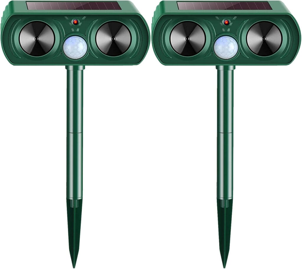 Solar‑powered ultrasonic and strobe deterrent stakes with motion sensors for keeping mice away from parked vehicles