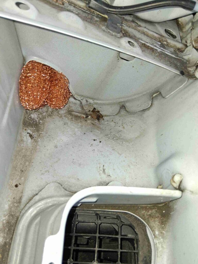 Copper rodent mesh stuffed into cowl openings on a Toyota Tacoma to block mice from entering the HVAC system while still allowing water drainage