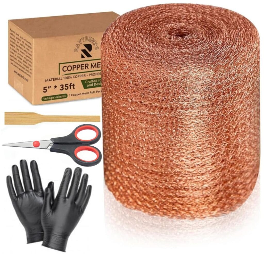 Copper mesh rodent control kit with roll of copper mesh, gloves, scissors, and packing tool for sealing holes and gaps