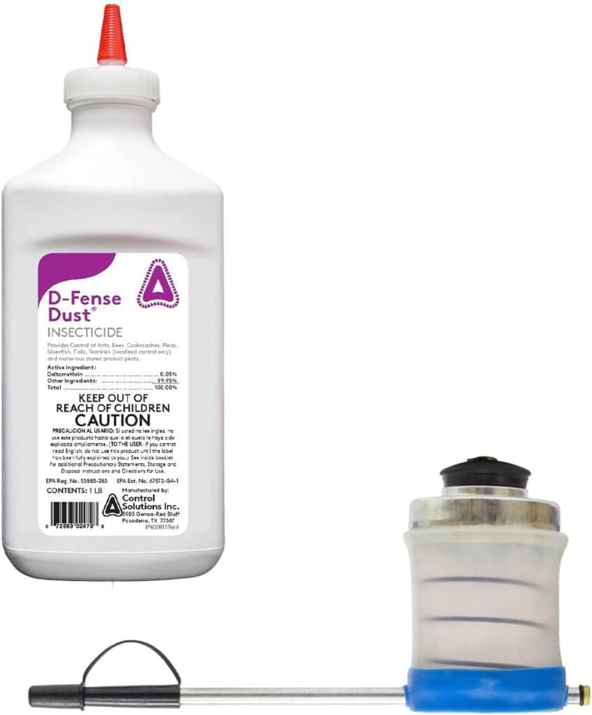 D‑Fense Dust 1 lb insecticide bottle with clear 5‑inch puffer duster for applying dust into cracks and voids