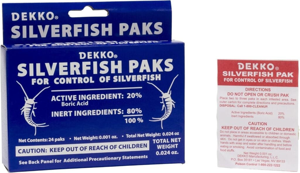 Dekko Silverfish Paks box with 24 boric acid packets for silverfish control