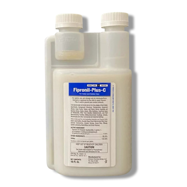 Bottle of Fipronil‑Plus‑C insecticide concentrate with dual‑chamber measuring design