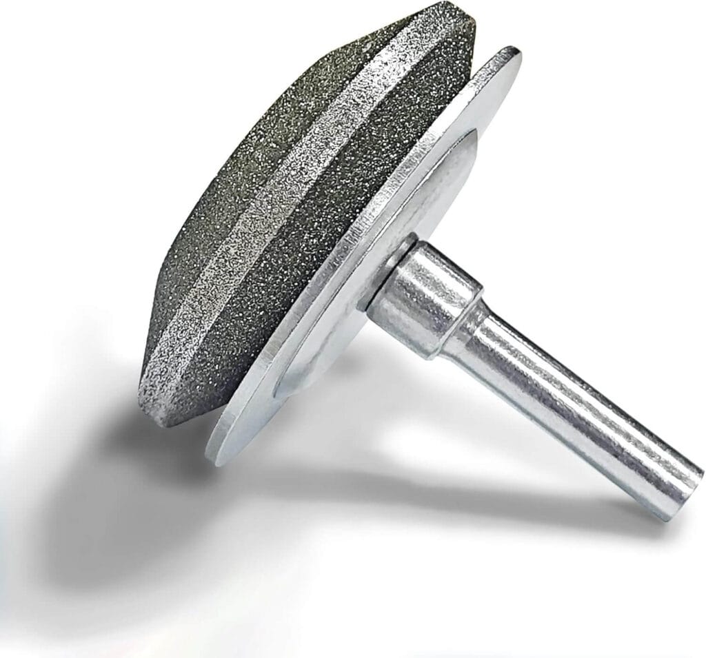 Diamond-coated mower blade sharpener used for restoring a clean cutting edge