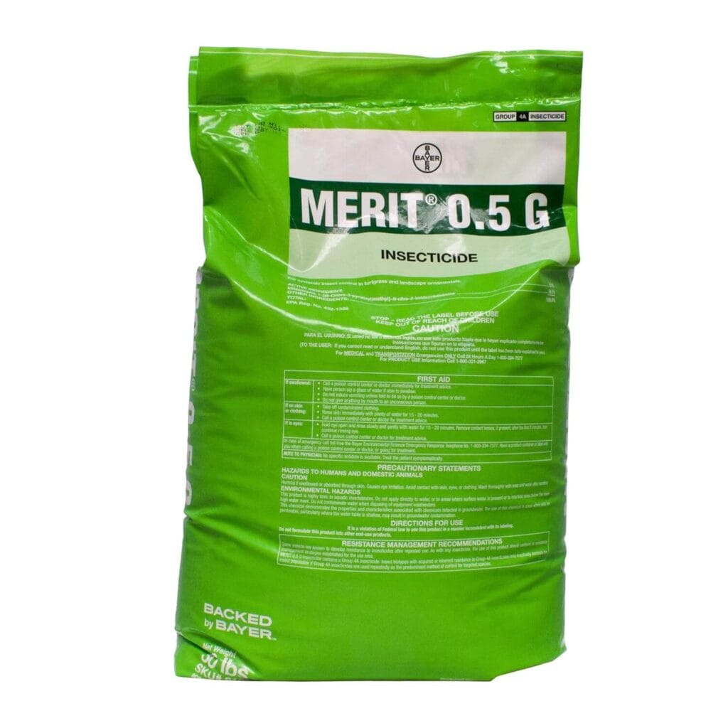 Bag of Merit 0.5G imidacloprid granular insecticide used for lawn and landscape pest control