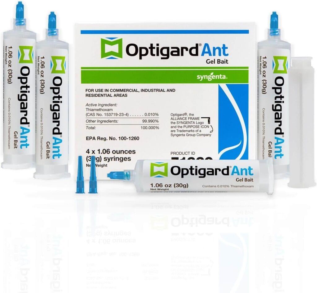 Optigard Ant Gel Bait syringes and box showing 4‑pack thiamethoxam ant gel for indoor and outdoor ant control
