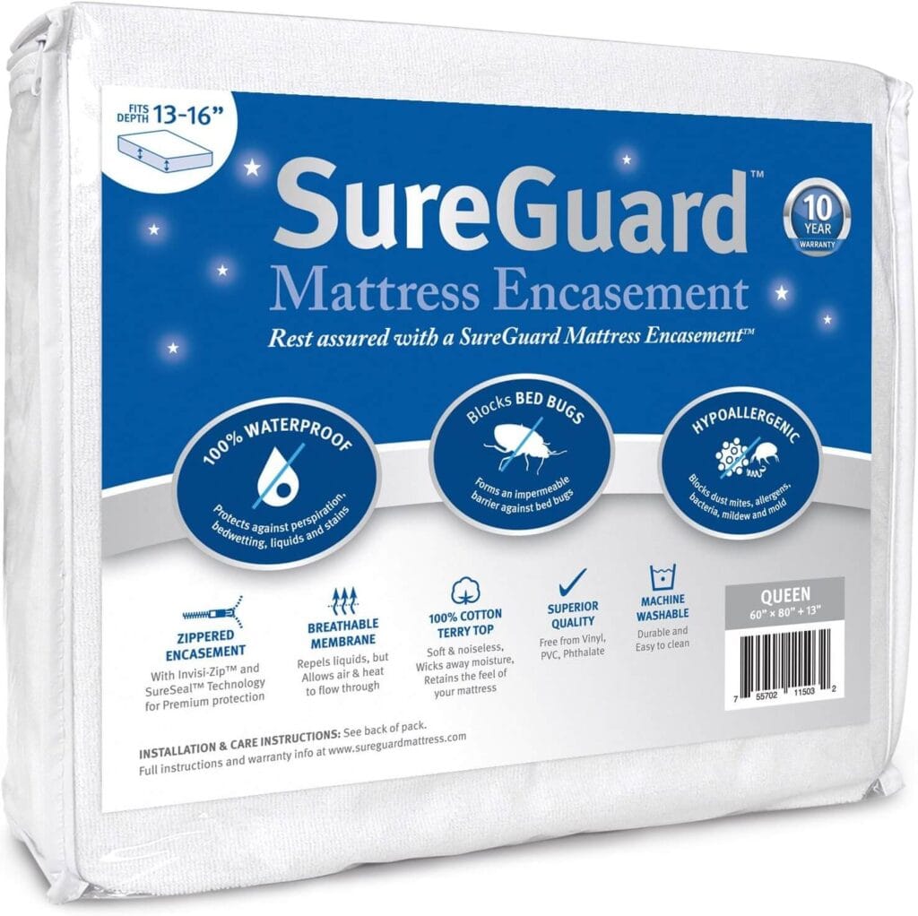 SureGuard mattress encasement product box showing waterproof, bed bug blocking, and hypoallergenic features
