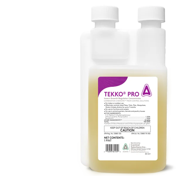 Bottle of Tekko Pro insect growth regulator concentrate with dual‑chamber measuring design