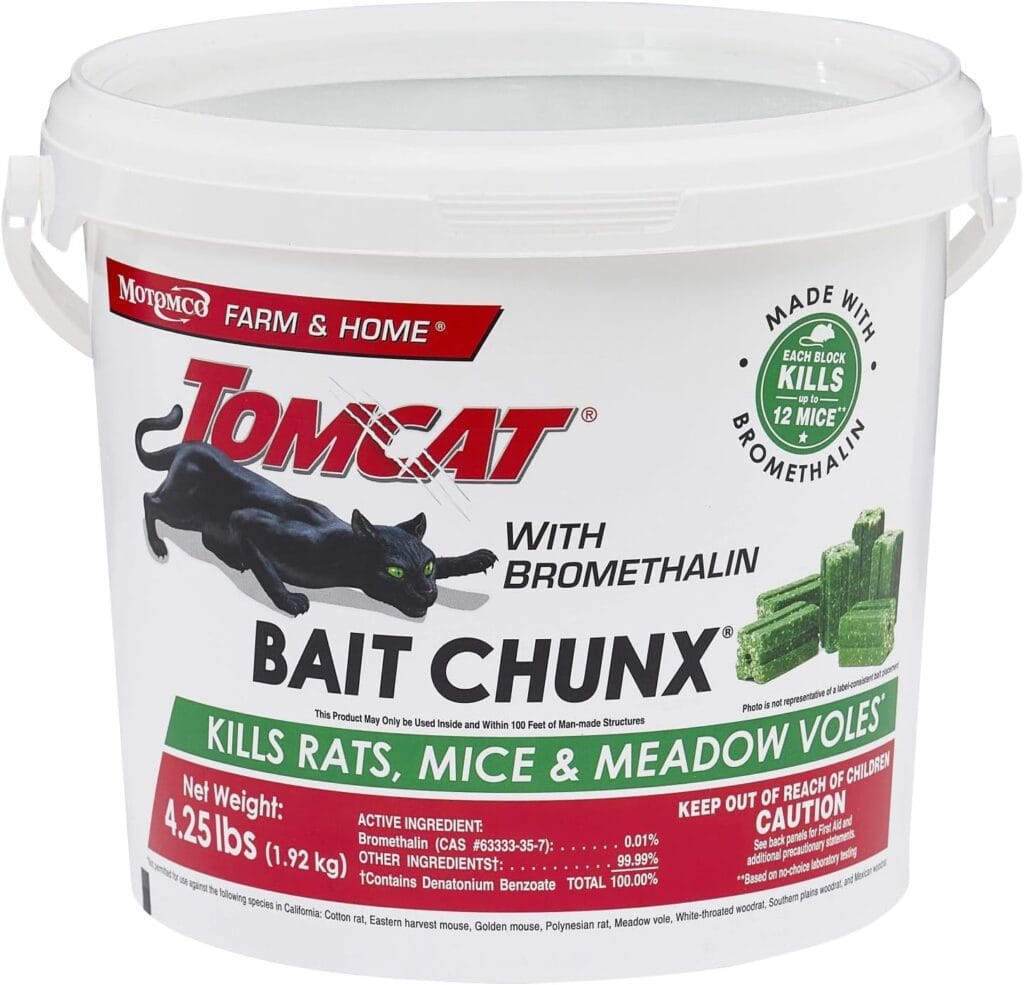 Tomcat Bait Chunx container with bromethalin rodent bait for killing rats, mice, and meadow voles