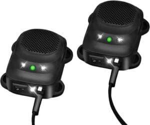 Two under‑hood rodent repellent units with LED strobe lights designed to deter rats and mice in vehicle engine bays