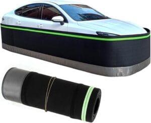 Car surrounded by a weather‑resistant rodent skirt barrier designed to block mice from accessing the undercarriage