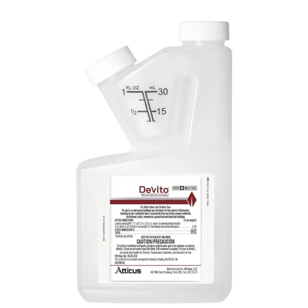 Devito CS insecticide bottle with built‑in measuring chamber and labeled dosage markings