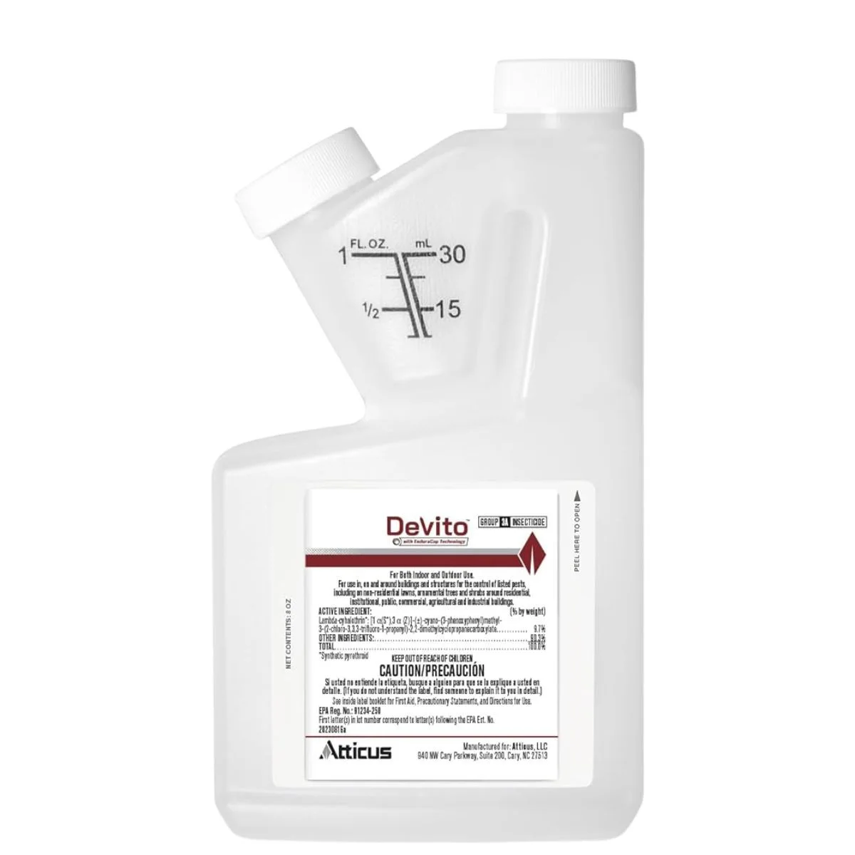 Devito CS insecticide bottle with built‑in measuring chamber and labeled dosage markings